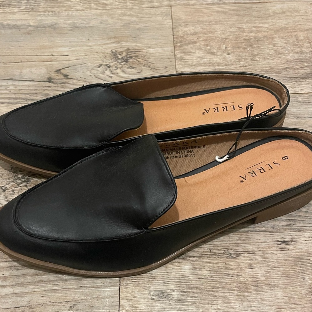 Serra Black Faux Leather Backless Loafer Slides NWOT